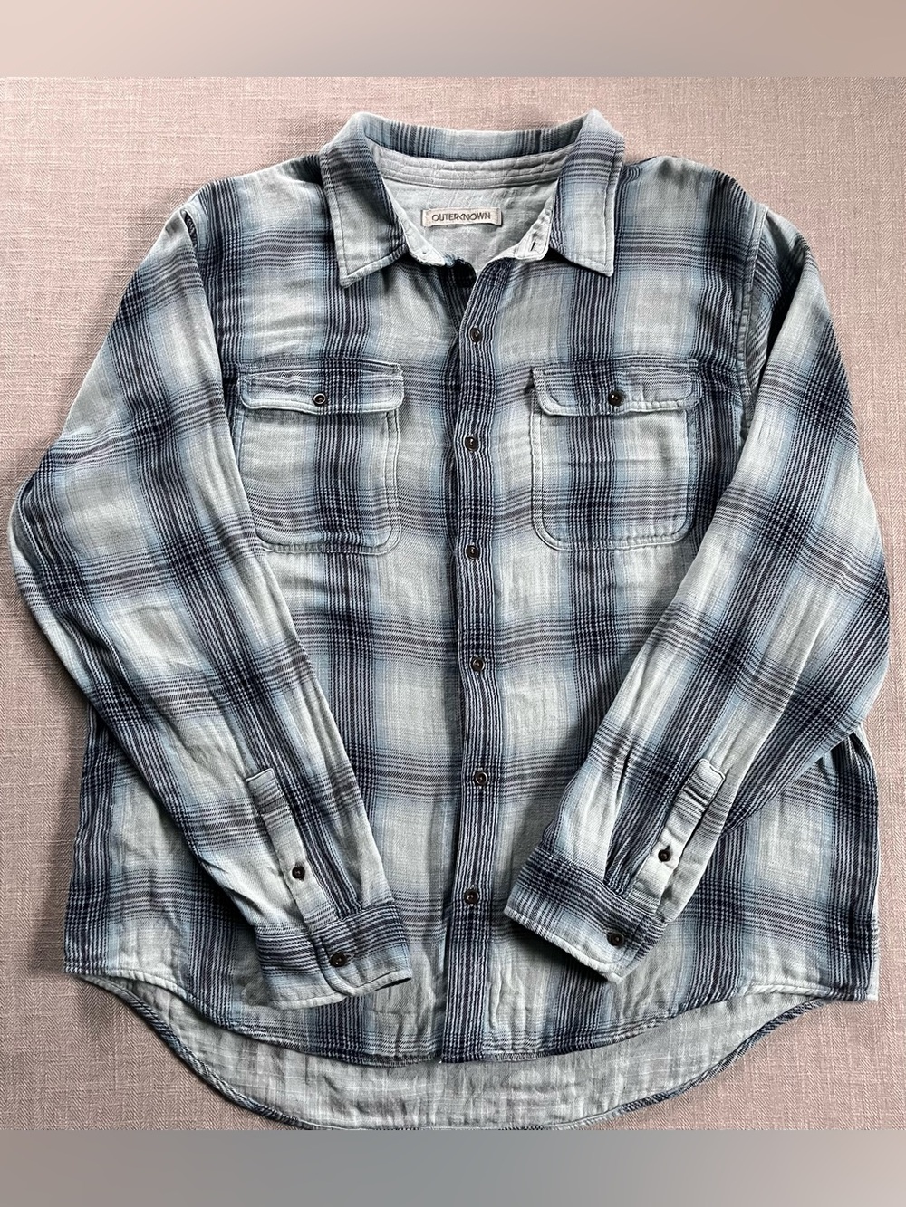 Outerknown Slowdown Double Gauze Organic Cotton Shirt in Washed Blue Ombré Plaid